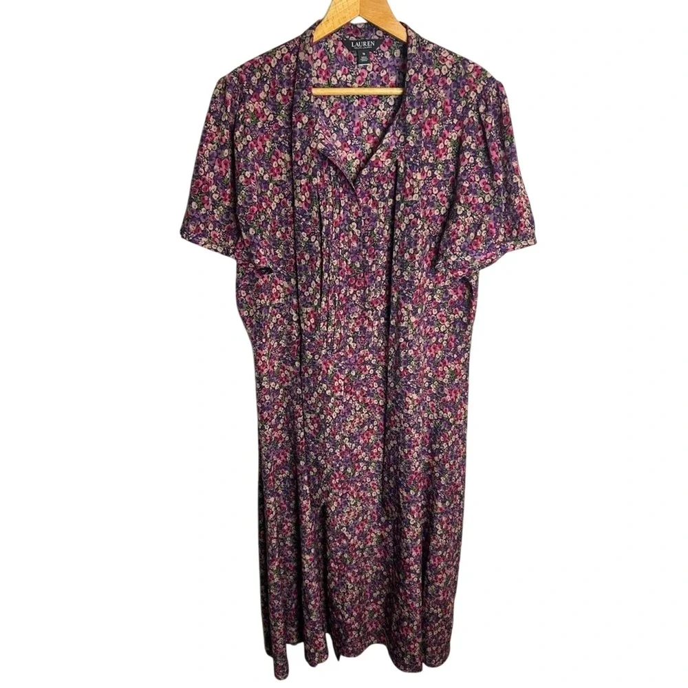 Lauren Ralph Lauren Black Label Floral‎ Midi Dress Sz 16 Cottage timeless luxury